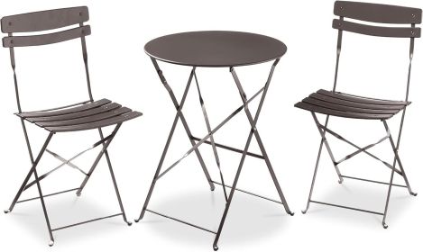 3-Piece Bistro Set, Space Saving Folding Design, Solid Steel, Outdoor Patio Furniture Set w/ 2 Chairs, Bistro Table (Color: Taupe)