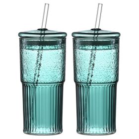 20 Oz 2-pack Green Glass Straw Cup With Vertical Pattern Cup And Lid, High Borosilicate Heat-resistant Glass Cup For Juice, Milk And Cold Drinks (Option: Dark green)