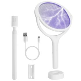 3 In 1 Electric Bug Zapper Racket 90Degree Rotating Bug Zapper Wand Indoor Outdoor Handheld Mosquito Swatter With Telescopic Extension Wand (Option: White)